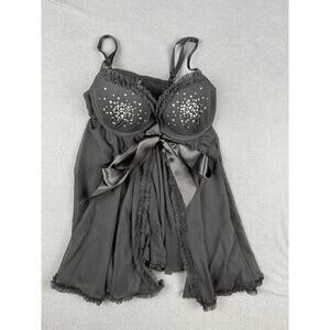 Victorias Secret Sz 36C Black Rhinestone Babydoll Lace Lingerie Padded Underwire